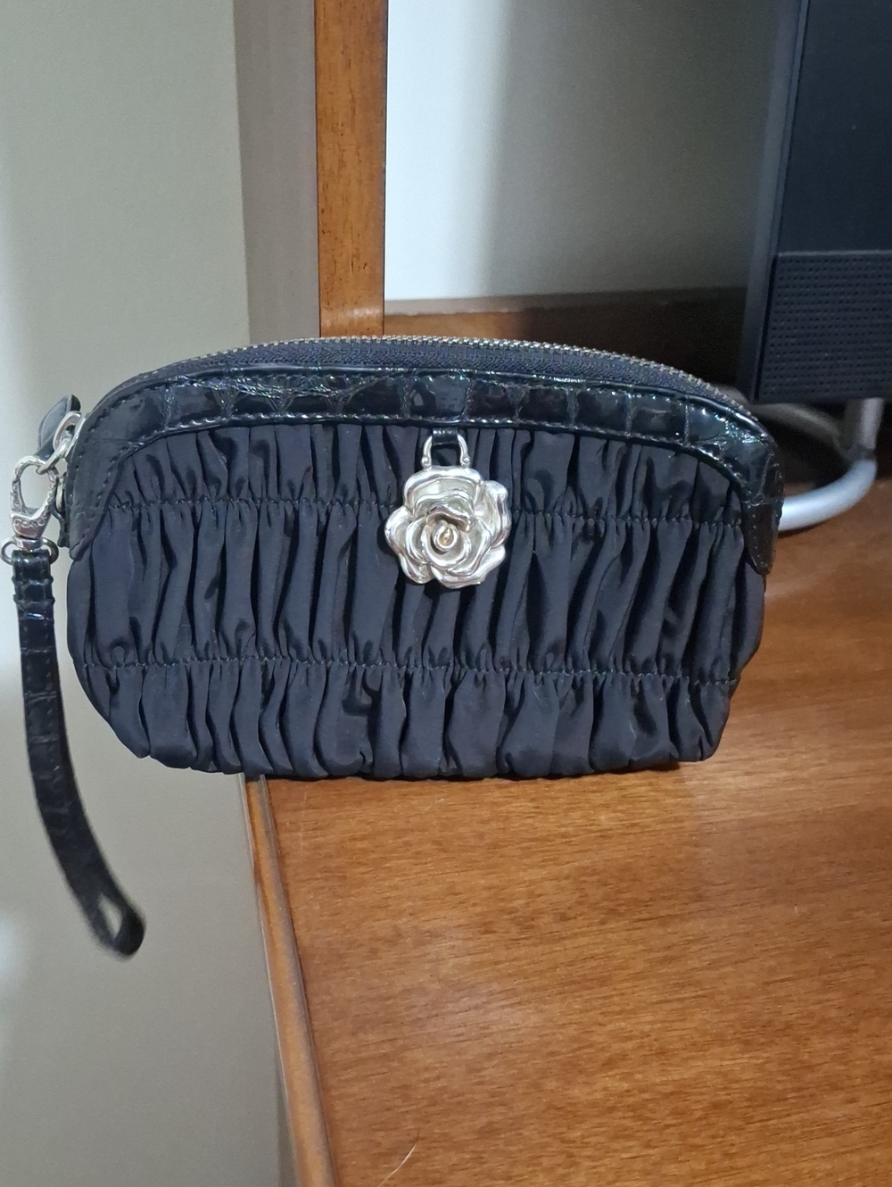Brighton Black Ruched Wristlet with Silver Rose Accent